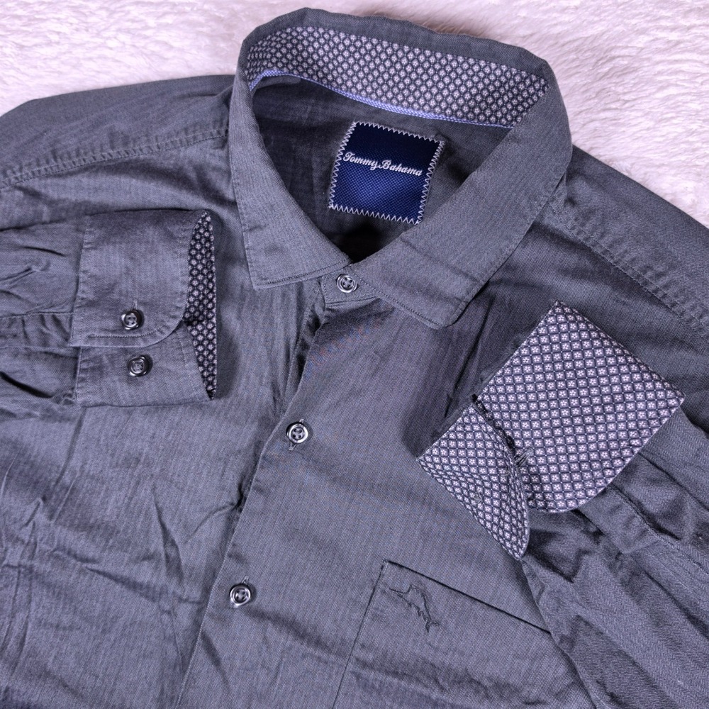 Tommy Bahama Herringbone Mens L Gray Pima Cotton L/S Button Up Shirt